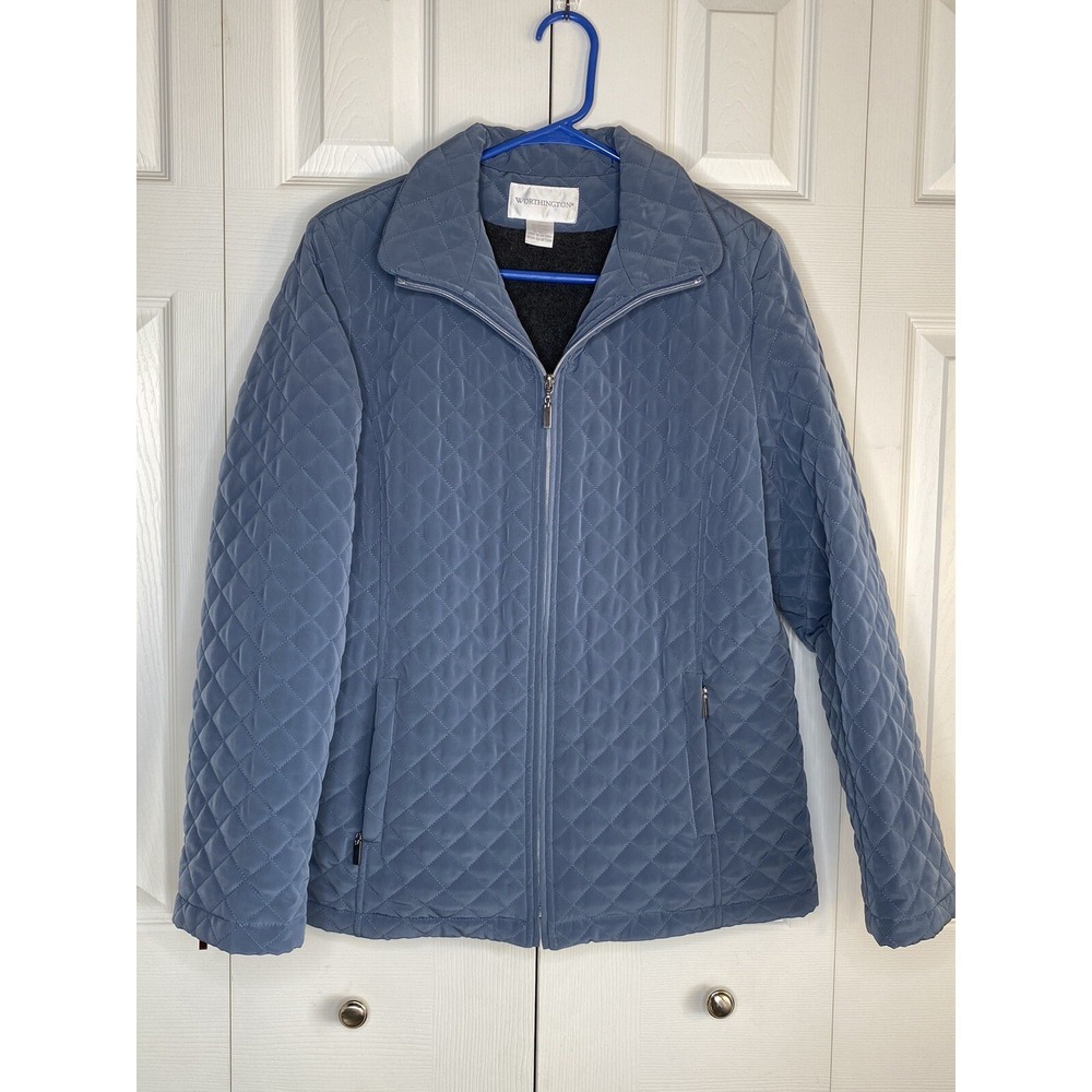 Worthington Coat Quilted Women's Lined Blue Full Zip Fall Winter Jacket Sz Med